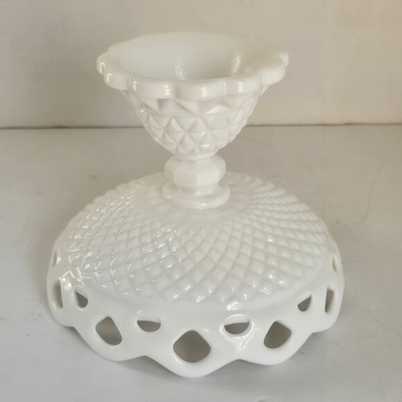 Vintage Imperial Milk Glass Compote White Reticulate Lace Edge Diamond Point - Picture 5 of 11